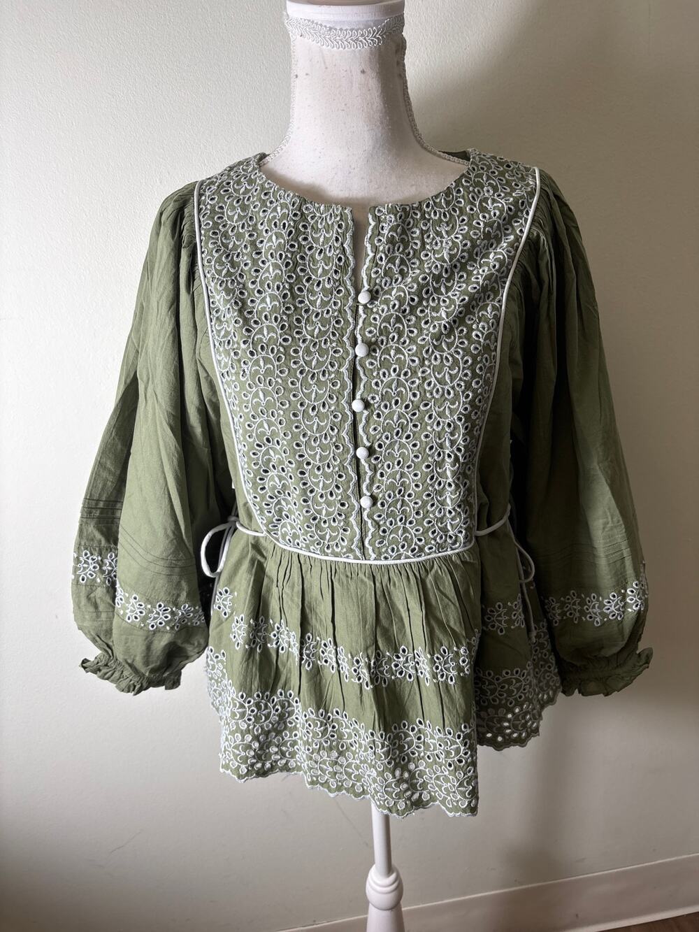 NWT Baybala Sage Green and White Eyelet Peasant Top Sz L